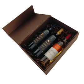 Wino półwytrawne i półsłodkie z jagody kamczackiej oraz wino jabłkowe w brązowym pudełku magnetycznym